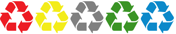 Recycle symbols in red, yellow, grey, green and blue.