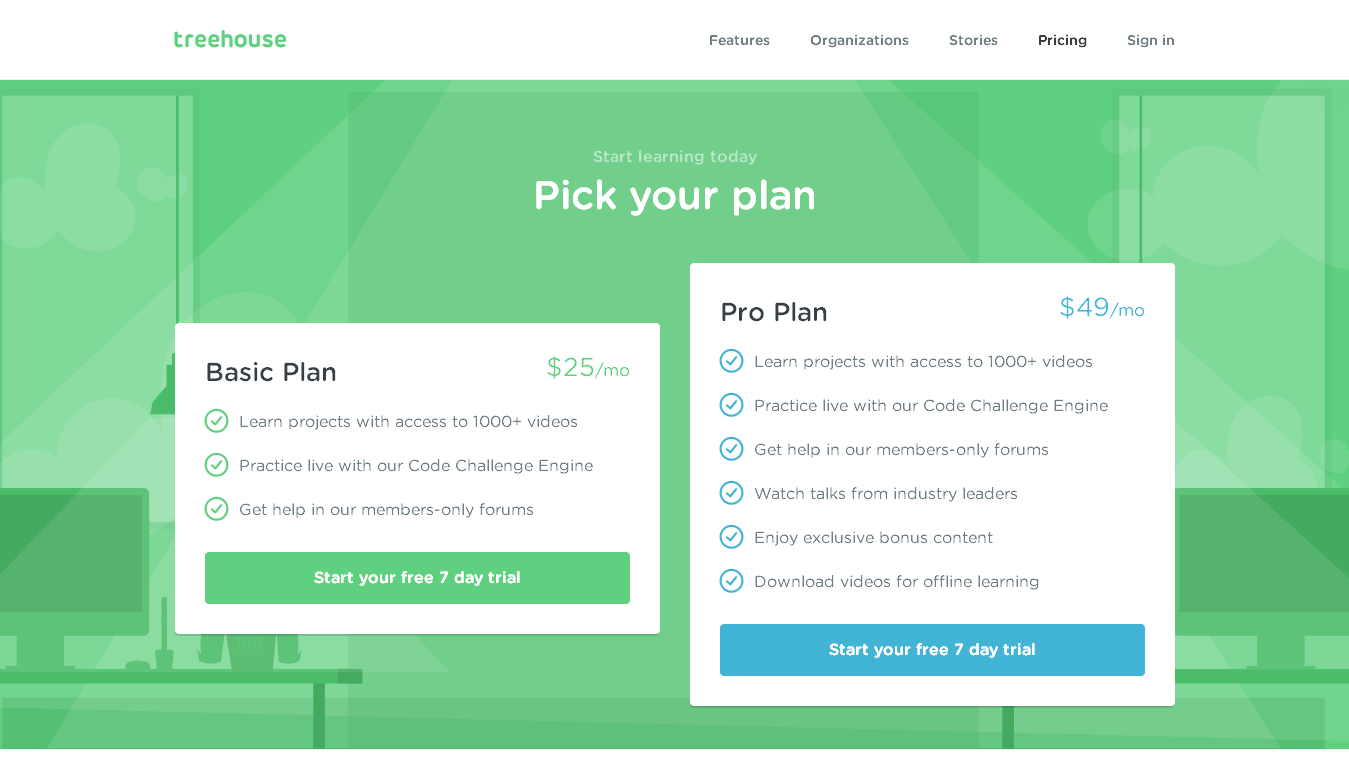 Details of Treehouse's Basic Plan and Pro Plan in green and blue, respectively.